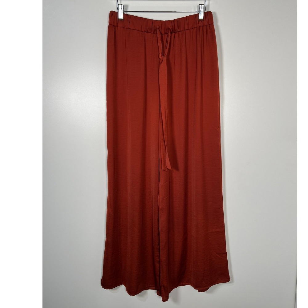 Lush Rust Orange Satin Wide Leg Pants High Rise Boho‎ Flowy Trousers Large